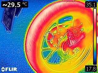 Thermografie Hinterreifen einer Honda CB125R nach einer Ausfahrt
